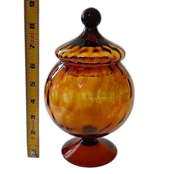 Empoli Amber Glass Candy Dish Lid Apothecary Jar Circus Tent Optic Panel Italy - Picture 2 of 16